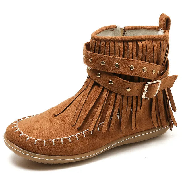 Braune Damen-Stiefeletten mit Fransen, Kunstwildleder, Boho-Stil, Schnalle, Retro-Design.