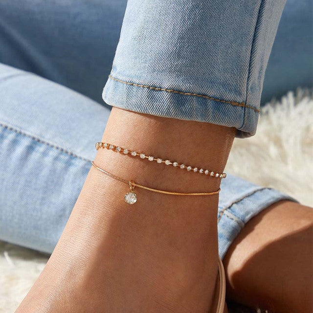 Boho Fußkettchen mit Zirkonia, goldfarben, Damen, modisch, Schmuck, Sommeraccessoire.