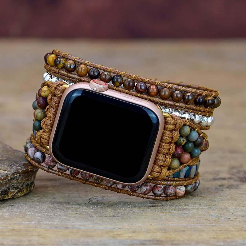 Apple Watch Armband, Naturstein, Boho-Stil, Tigerauge, Wickelarmband, Braun, Handgefertigt