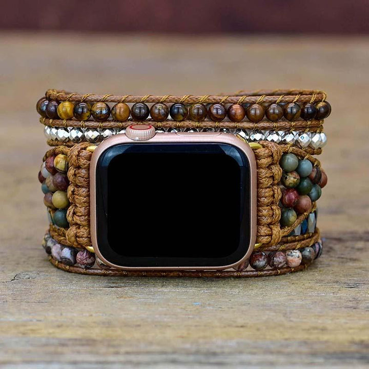 Apple Watch Armband, Naturstein, Boho-Stil, Tigerauge, Wickelarmband, handgefertigt, Braun