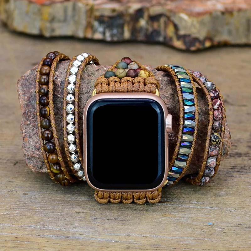 Apple Watch mit Natursteinarmband, Boho-Stil, Tigerauge, Wickelarmband, Braun, Unisex.