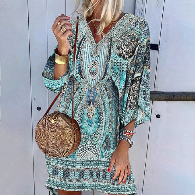 Boho Print Mini Kleid Damen, Blau, Lange Ärmel, Strandkleid, Freizeit, Party, Mode.