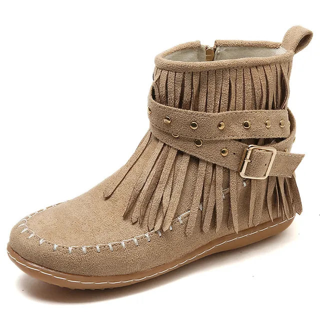 Beige Damen Stiefeletten, Boho-Stil, Fransen, Kunstwildleder, Schnalle, Retro-Design.