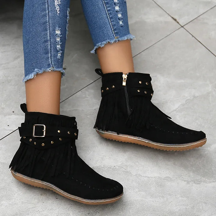 Schwarze Boho-Stiefeletten mit Fransen, Kunstwildleder, Schnalle, Damenmode, Retro-Look.