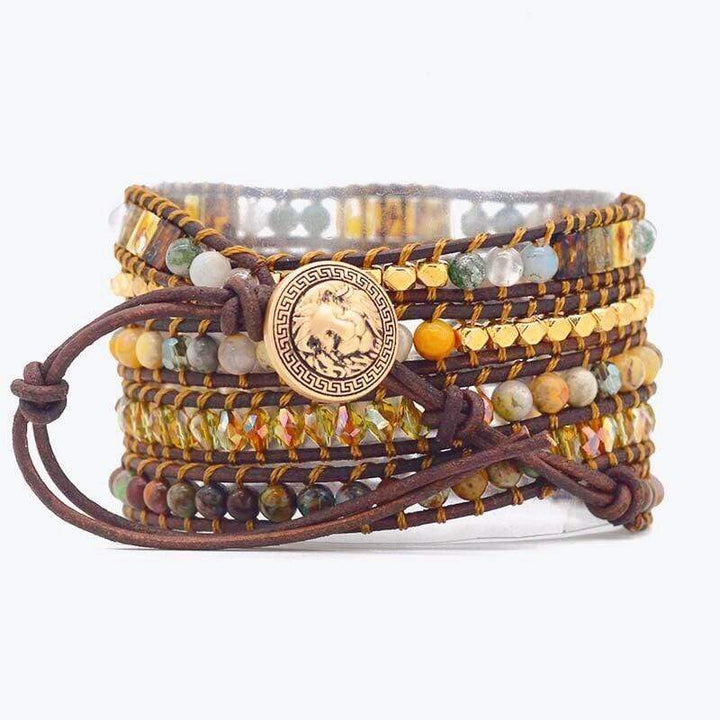Boho Wickelarmband, handgemacht, Achat Mondschein, bunte Perlen, Lederband, Damen Schmuck.
