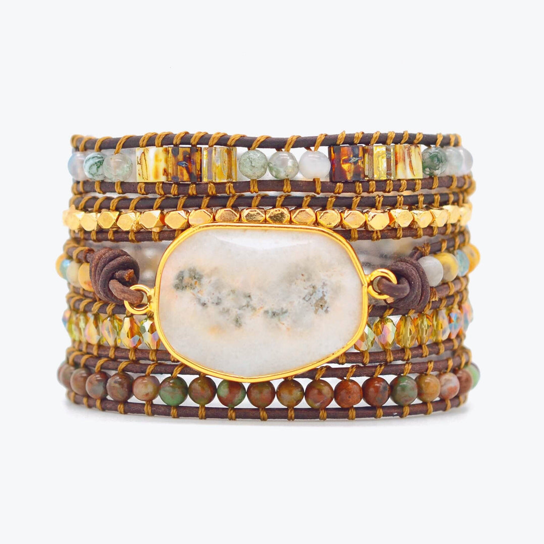 Boho Wickelarmband, Achat, Mondschein, handgemacht, mehrfarbig, Leder, Damen Schmuck, modisch