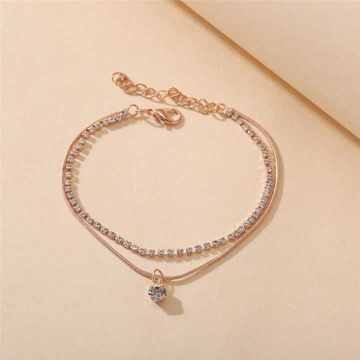 Goldene Boho-Fußkette mit Zirkonia, zweireihig, Damen-Schmuck, verstellbar.