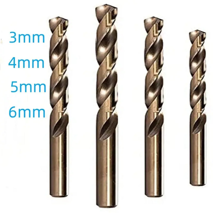 Vier Metallbohrer, Größen 3mm bis 6mm, Spiralbohrer, HSS, für präzises Bohren.