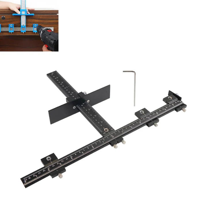 Schwarze Bohrschablone aus Metall für präzise Holzbearbeitung, einstellbar, mit Messskala.
