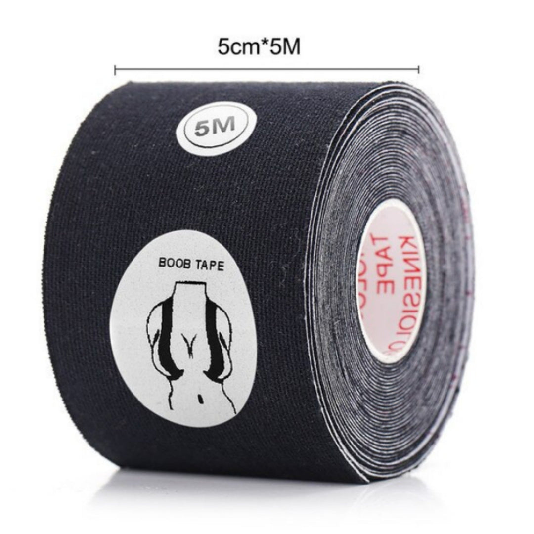 Schwarzes Boob Tape, 5cm x 5m, selbstklebend, für unsichtbaren Halt, hautfreundlich.