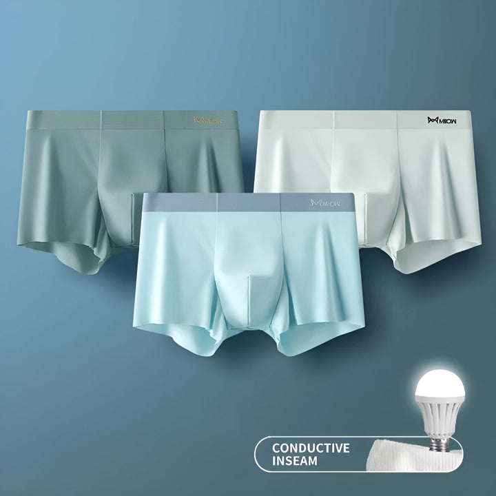Drei Herren-Boxershorts in Pastellfarben, nahtlos, atmungsaktiv, mit leitfähigem Einsatz.