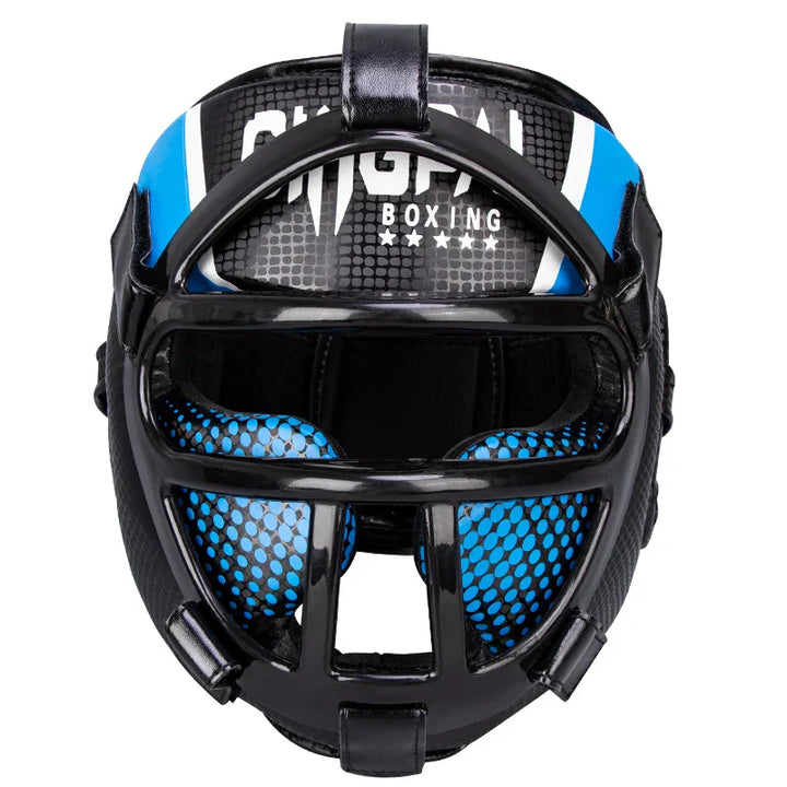 Schwarz-blauer Boxhelm mit Gitter, Schutzhelm für Kampfsport, robustes Design.