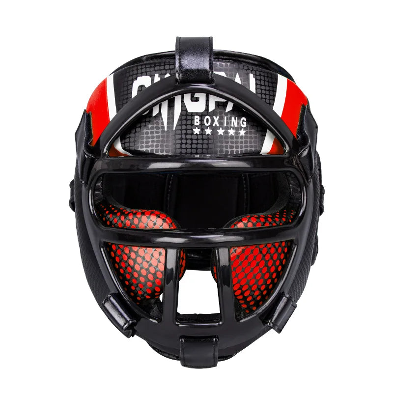 Schwarzer Boxhelm mit Gitter, rot-schwarz gepolstert, für Kampfsport, Schutzhelm.