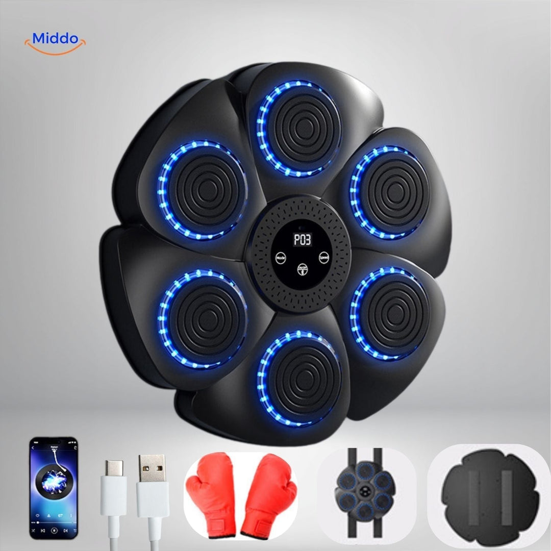 Schwarze Boxmaschine mit blauen LEDs, roten Handschuhen, USB-Kabel; Fitnessgerät.