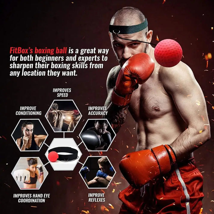Mann mit Boxhandschuhen trainiert mit rotem Boxball, verbessert Geschwindigkeit und Genauigkeit.