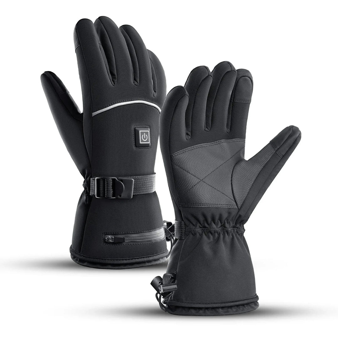 Schwarze beheizbare Handschuhe, wasserdicht, Touchscreen-kompatibel, ideal für Winteraktivitäten.