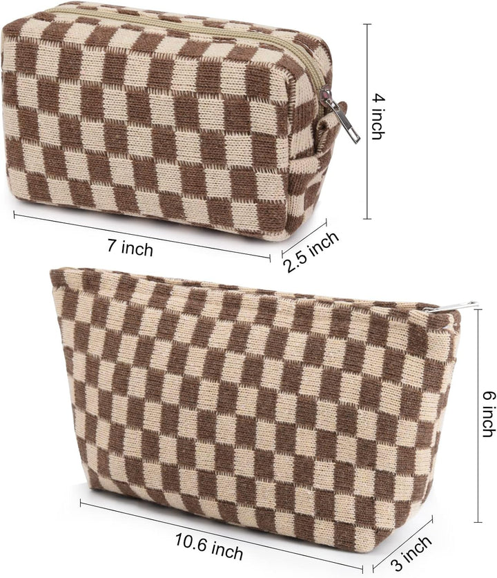 Braune karierte Kosmetiktasche, Reißverschluss, Baumwolle, 7x4x2.5 Zoll, stilvoll, praktisch.