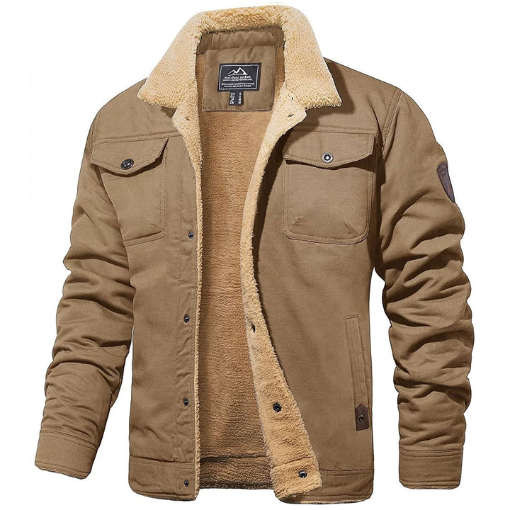 Braune Herren-Bomberjacke mit Teddyfutter, Knopfleiste, Taschen, Wintermode.