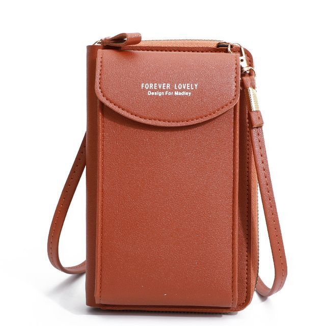 Braune Leder-Handytasche mit Schulterriemen, modisches Design, praktische Aufbewahrung.