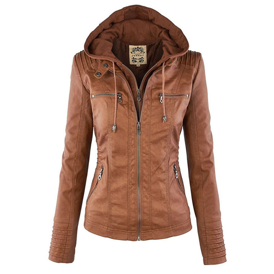 Damen Lederjacke braun mit Kapuze, Reißverschluss, modisch, Herbstmode, Freizeitkleidung.