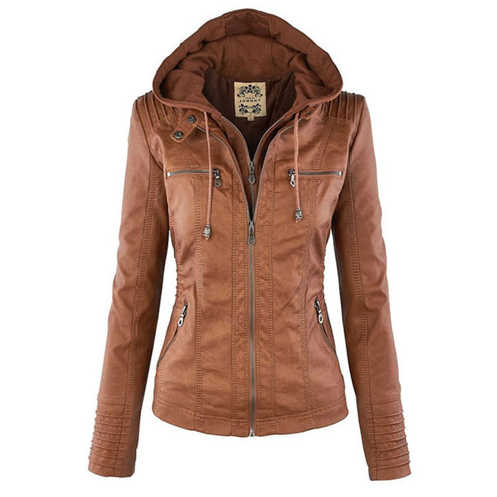 Damen Lederjacke braun mit Kapuze, Reißverschluss, modisch, Herbstmode, Freizeitkleidung.