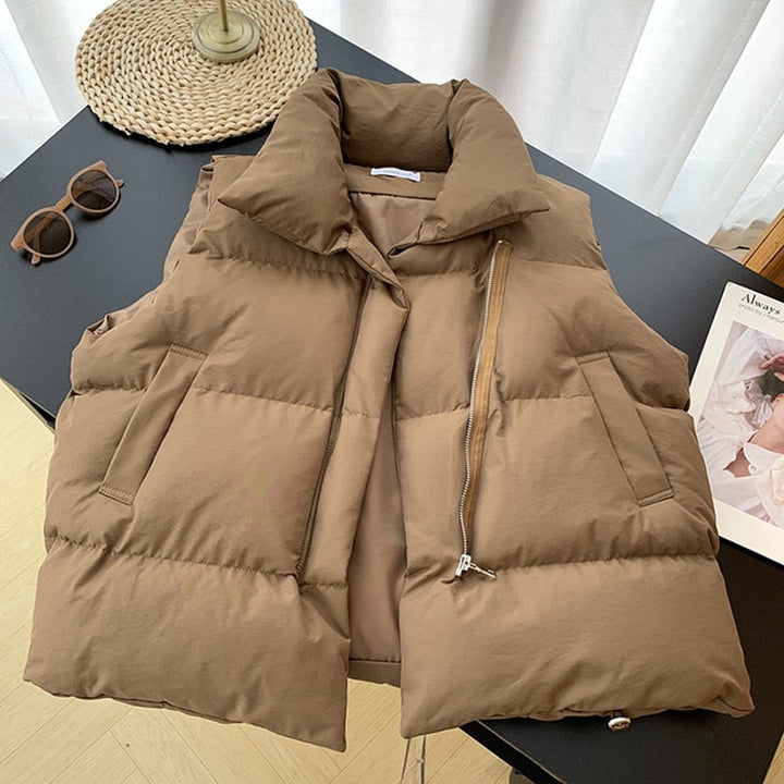 Braune Daunenweste mit Reißverschluss, ärmellos, modisch, warm, Herbst-Winter-Bekleidung.