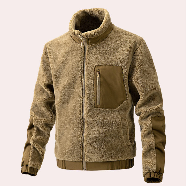 Braune Fleecejacke mit Reißverschluss, Brusttasche, Outdoor-Bekleidung, Herrenmode.