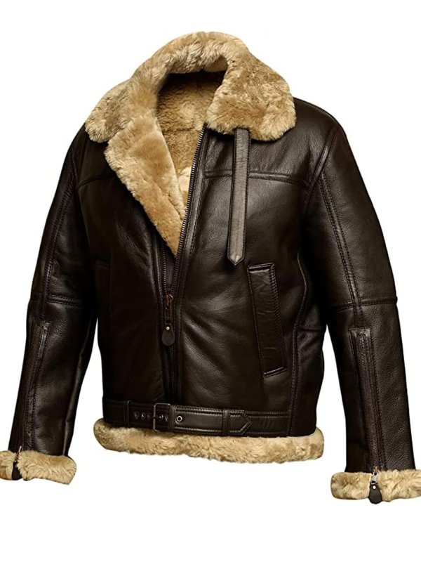 Braune Lederjacke mit Fellkragen, Herrenmode, Winterjacke, stilvoll und warm.