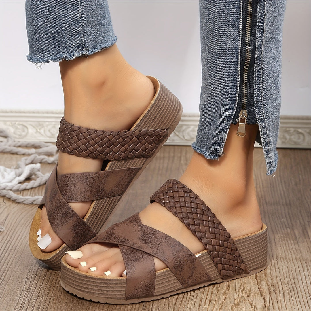 Braune Damen-Sandalen mit Keilabsatz, geflochtenem Riemen, lässig, bequem, modisch.
