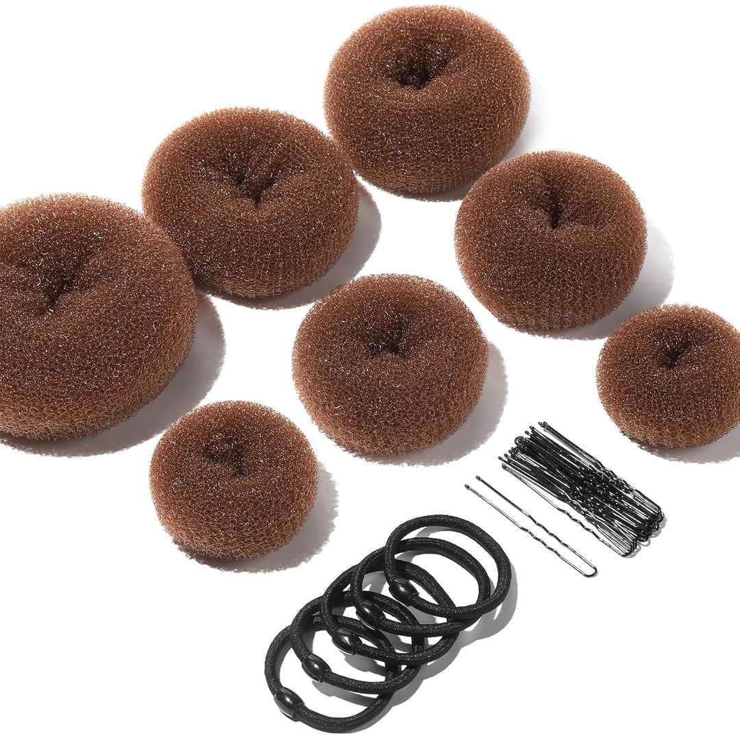 Braune Haardonut-Sets mit Haargummis und Haarnadeln, ideal für elegante Hochsteckfrisuren.