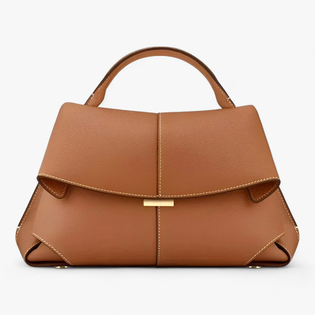 Braune Lederhandtasche mit Griff, elegantes Design, Damenmode, hochwertige Accessoires.