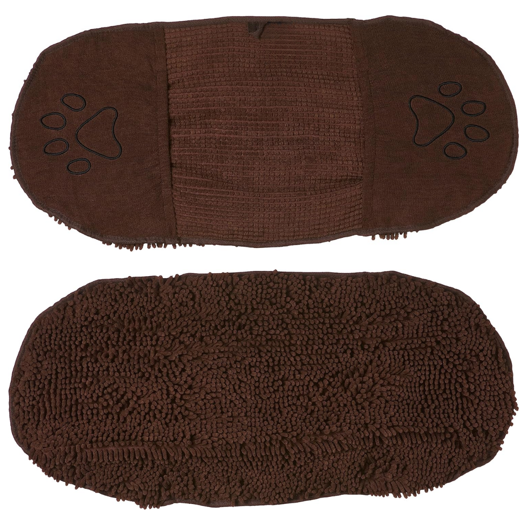 Braune Hundematte aus Mikrofaser mit Pfotenabdruck, rutschfest, saugfähig, waschbar.