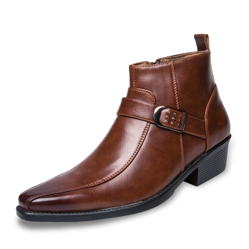 Braune Herrenstiefeletten, Retro-Design, Leder, Schnalle, Herbst, Motorrad, Mode, Arbeitsschuhe.