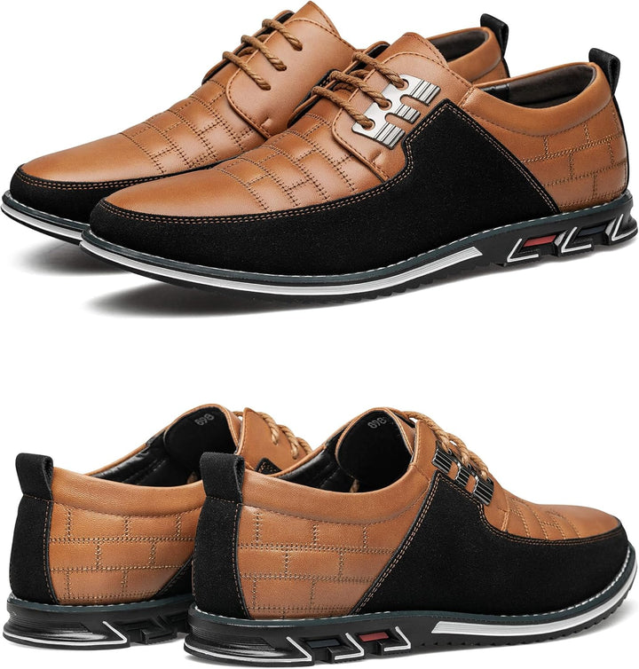 Braune und schwarze Herrenschuhe, Leder, sportlich-elegant, rutschfeste Sohle, Schnürsenkel.