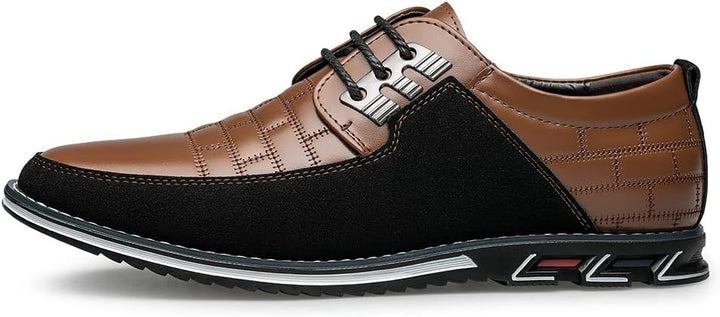 Brauner und schwarzer Herren-Lederschnürschuh, elegantes Design, rutschfeste Sohle.