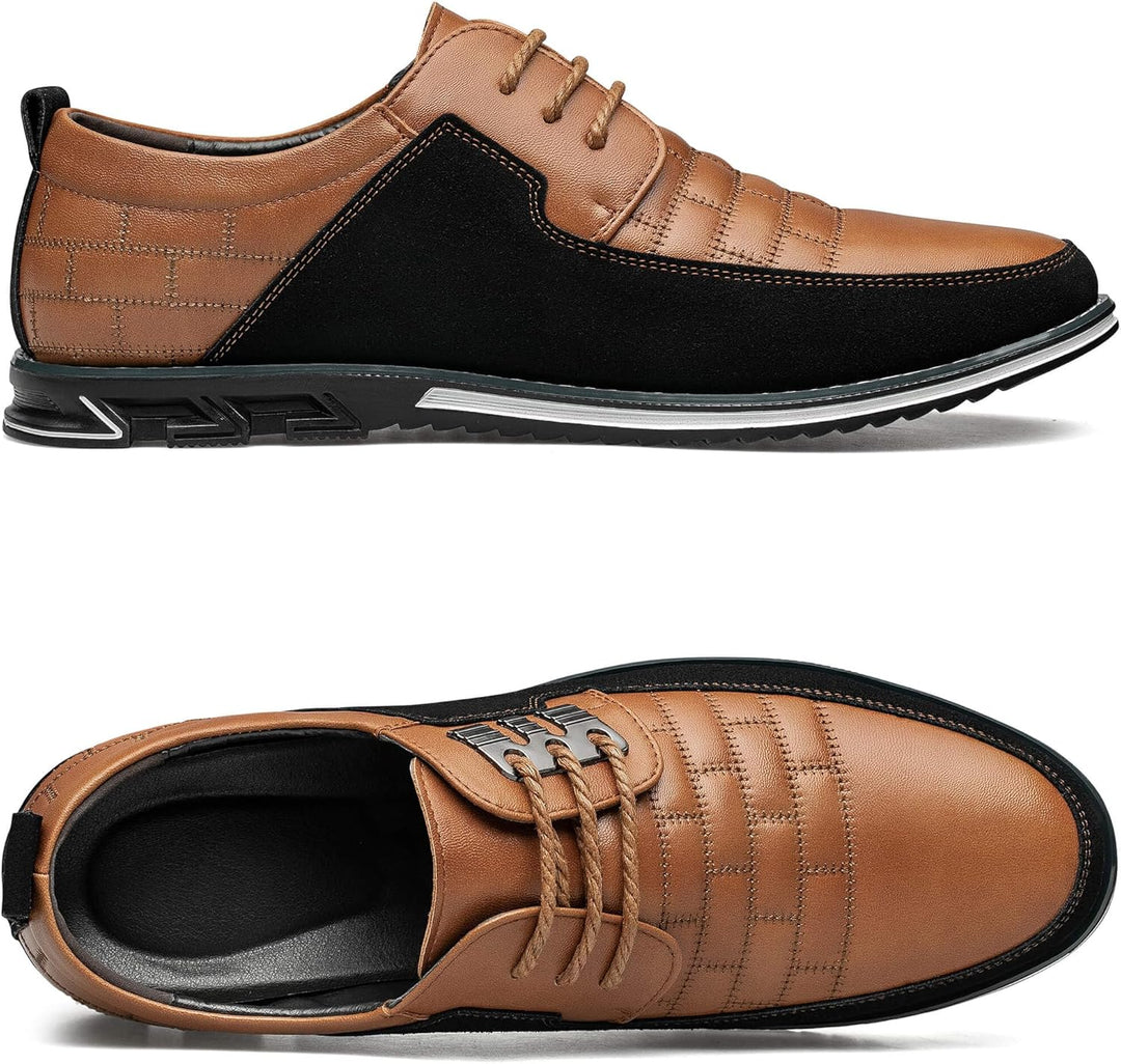 Braune Herren-Ledersneaker mit schwarzem Wildleder, rutschfeste Sohle, elegantes Design.
