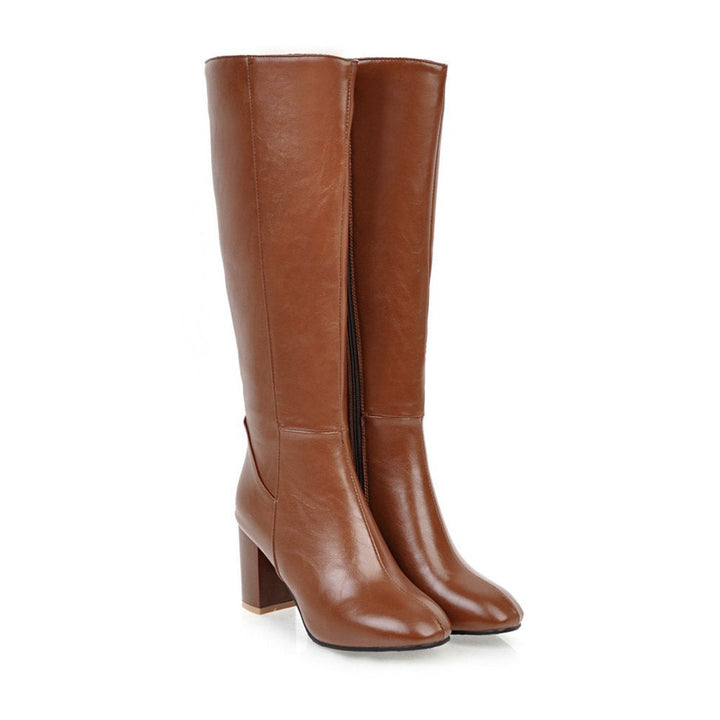 Braune Damenstiefel mit Absatz, Lederoptik, Reißverschluss, elegant, hochwertig.