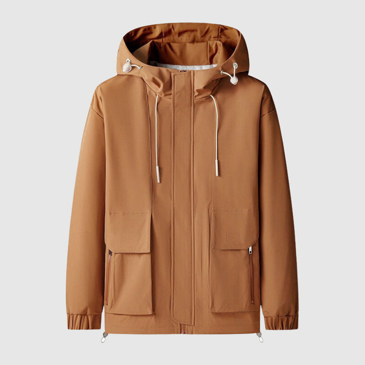 Braune Kapuzenjacke aus Baumwolle, wasserabweisend, mit Taschen und Kordelzug, Herrenmode.
