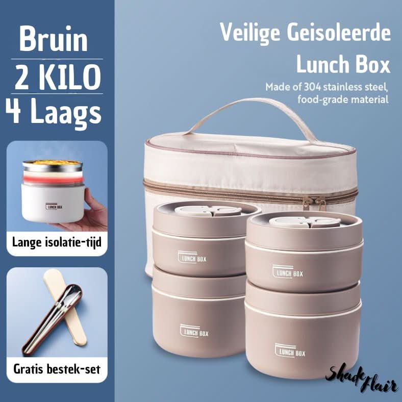 Braune isolierte Lunchbox-Set, 4-lagig, Edelstahl, mit Besteck, Tragetasche, 2 Kilo.