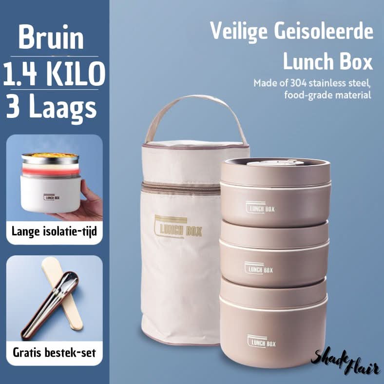 Braune isolierte Lunchbox-Set, 3-lagig, Edelstahl, mit Tragetasche und Besteck, 1,4 Kilo.