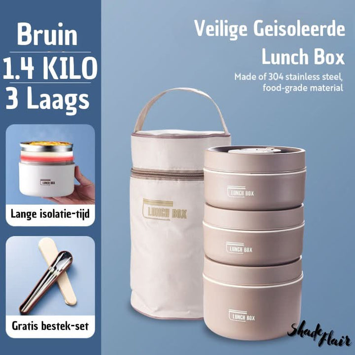 Braune isolierte Lunchbox-Set, 3-lagig, Edelstahl, mit Tragetasche und Besteck, 1,4 Kilo.