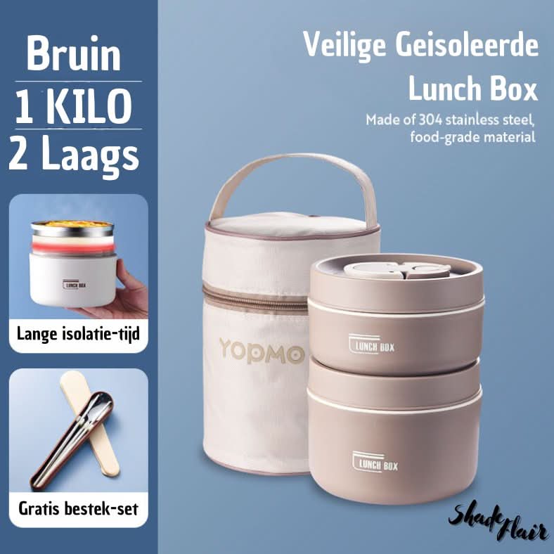 Braune isolierte Lunchbox-Set, Edelstahl, 2-lagig, mit Tragetasche und Besteck, 1 Kilo.