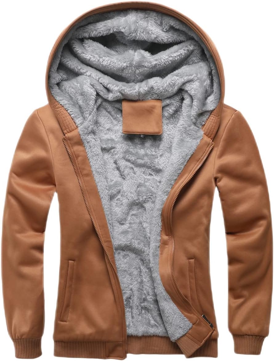 Braune Herrenjacke mit Kapuze, Kunstleder, graues Futter, Reißverschluss, Wintermode.