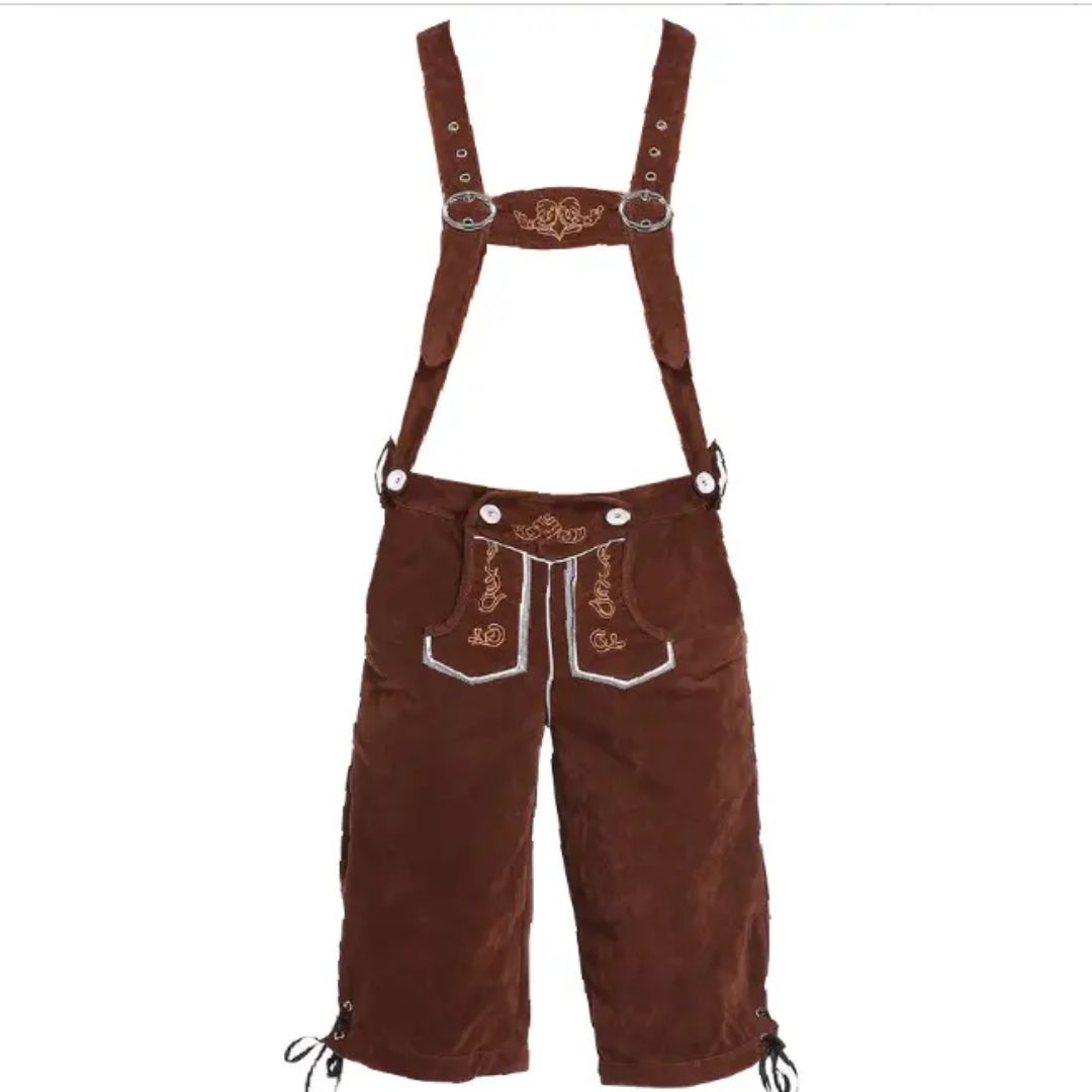 Braune Lederhose mit Hosenträgern, traditionelles bayerisches Trachtenoutfit, Stickerei.