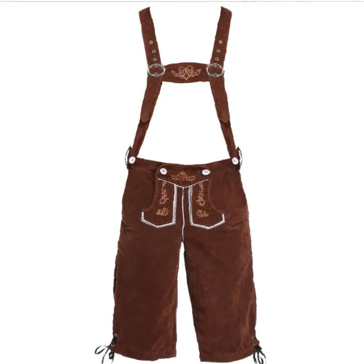 Braune Lederhose mit Hosenträgern, traditionelles bayerisches Trachtenoutfit, Stickerei.
