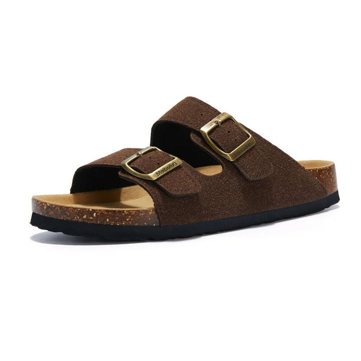Braune Korksandalen mit zwei Schnallen, rutschfeste Sohle, bequeme Sommerschuhe.