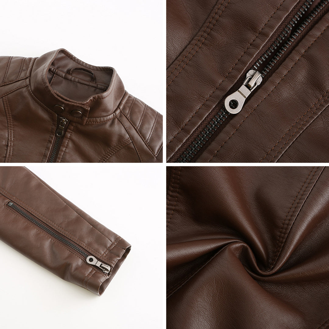 Braune Lederjacke mit Reißverschluss, Stehkragen und Details, modisch und stilvoll.