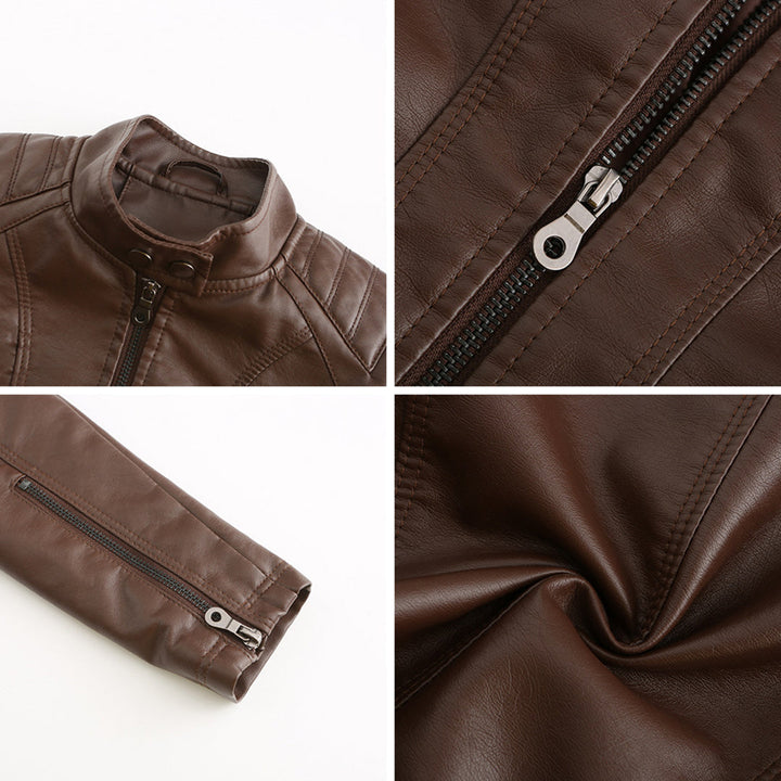 Braune Lederjacke mit Reißverschluss, Stehkragen und Details, modisch und stilvoll.