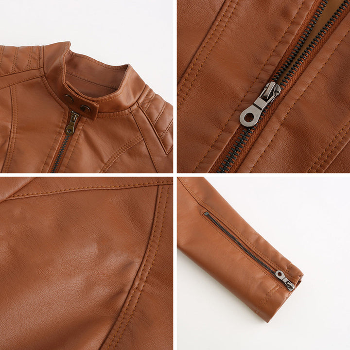 Braune Lederjacke mit Reißverschluss, Stehkragen und Nahtdetails, modisch und elegant.