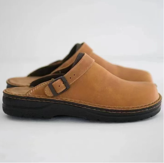Braune Leder-Clogs mit Schnalle, bequeme Schuhe für Damen und Herren, rutschfeste Sohle.